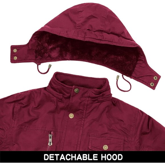 Mens Wine Red Thick Winter Jacket Hooded Fleece Lined Cotton Military Coat - Picture 5 of 6
